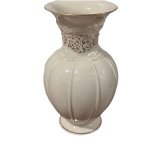 Lenox Ivory Fine China ROSE BROCADE Vase 9" Gold Decorative Trim In Original Box